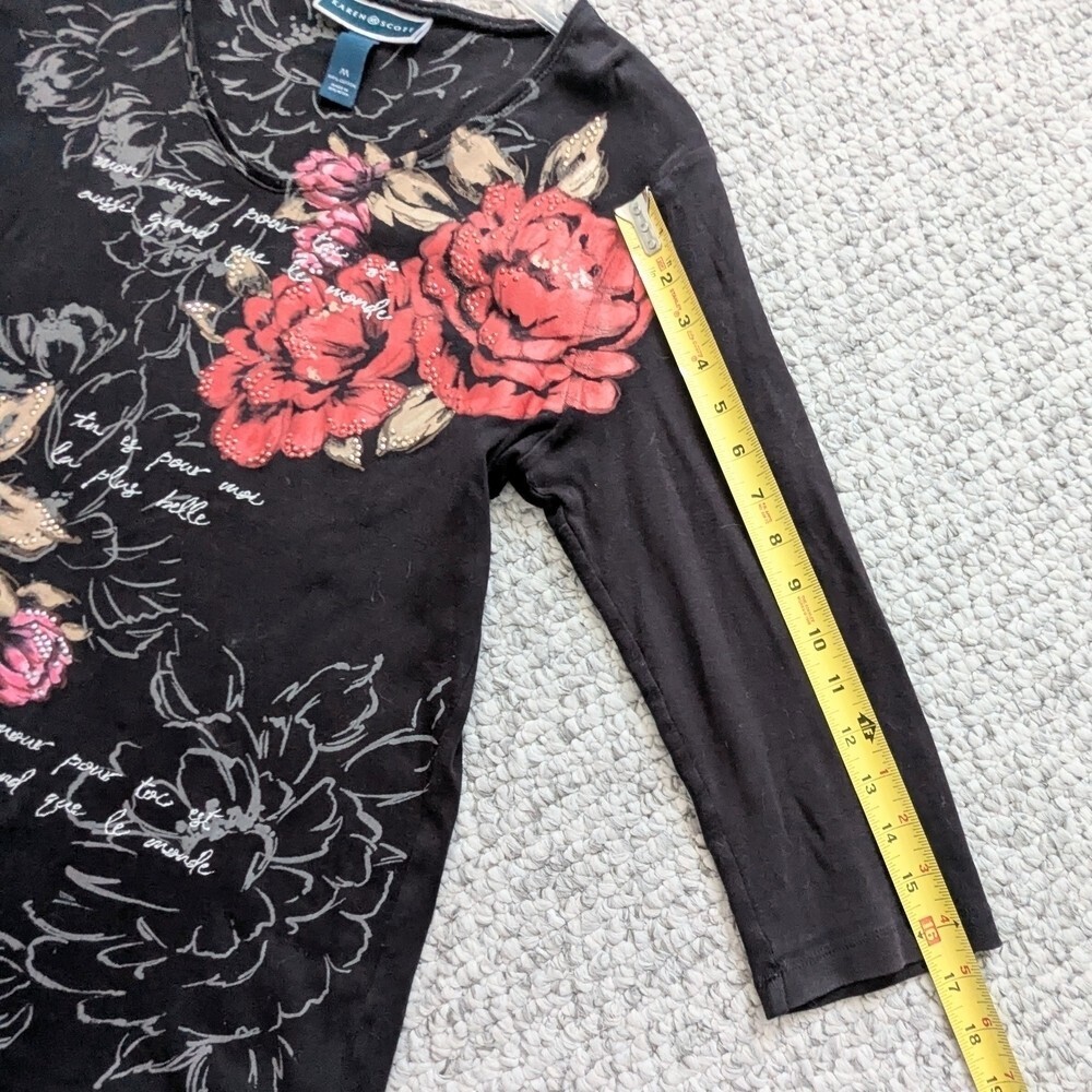 Karen Scott (Medium) Long Sleeve Tee/Top w/Floral Designs, Scripts & Sparkles - Picture 8 of 11